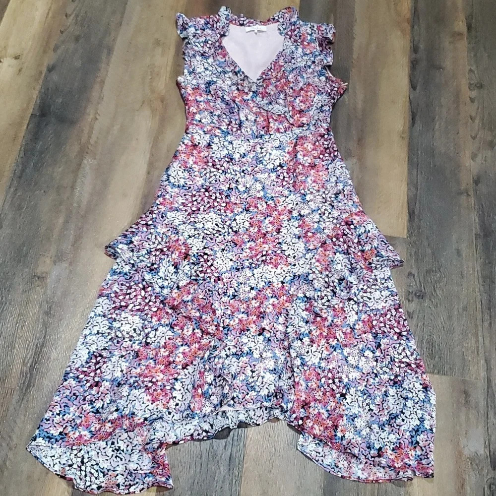 Floral Ruffle V-Neck Midi Dress in Pink and Blue